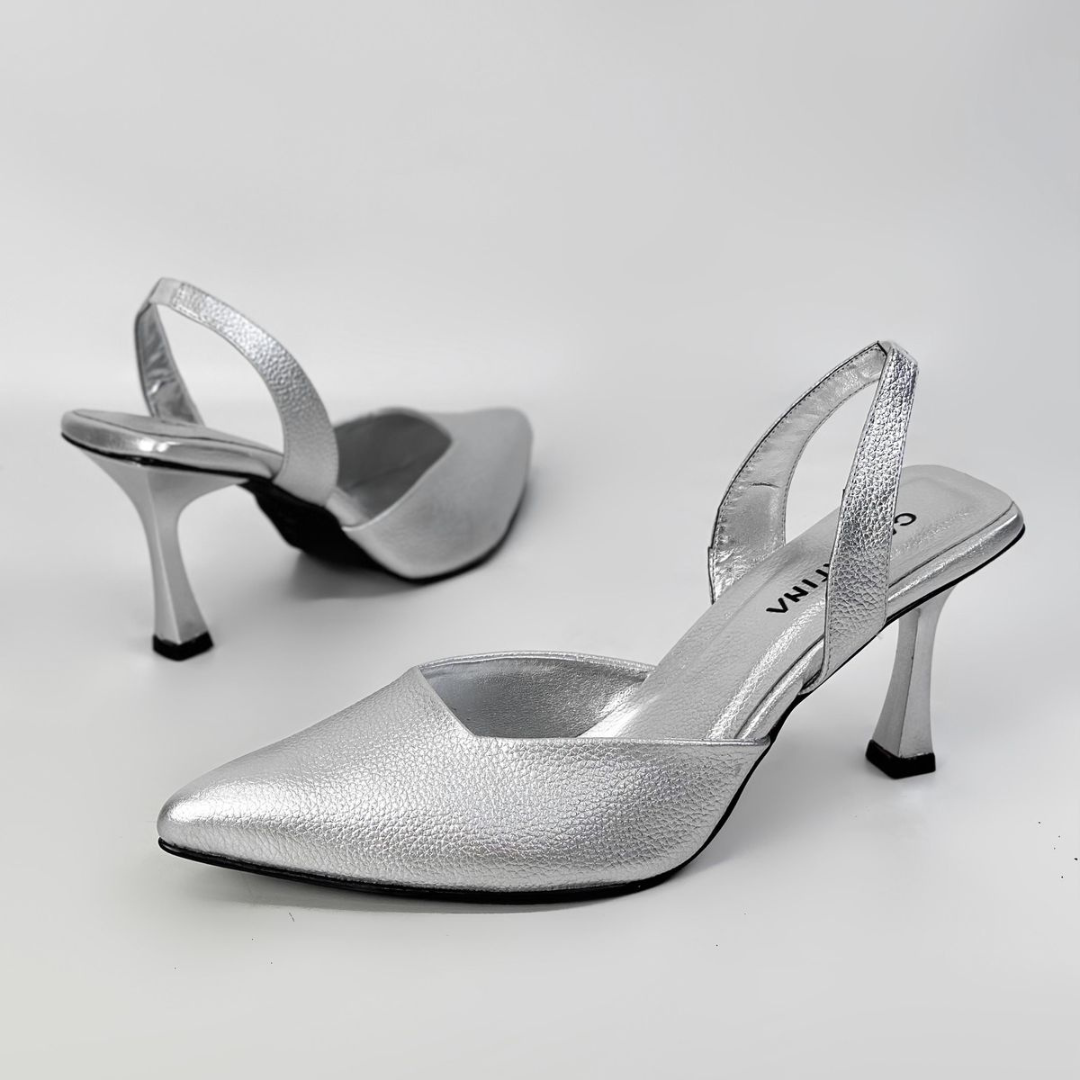 GINNY - CALZADO CACHATINA - ESTILETO MUJER - CUERO PLATEADO - TACON 7.5 (10 CM)