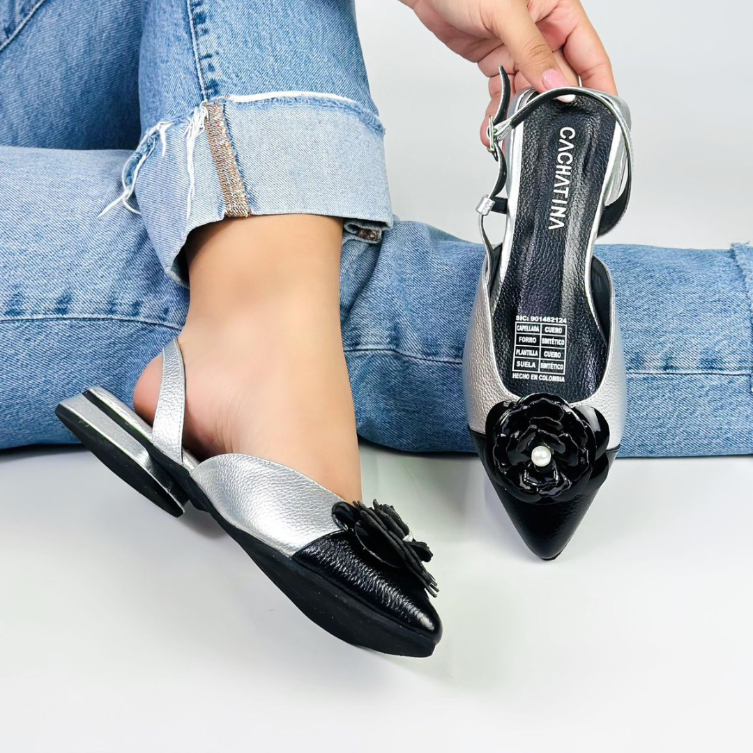 CALZADO CACHATINA - ZUECO MUJER - ELVA 2 - CUERO PLATEADO X NEGRO
