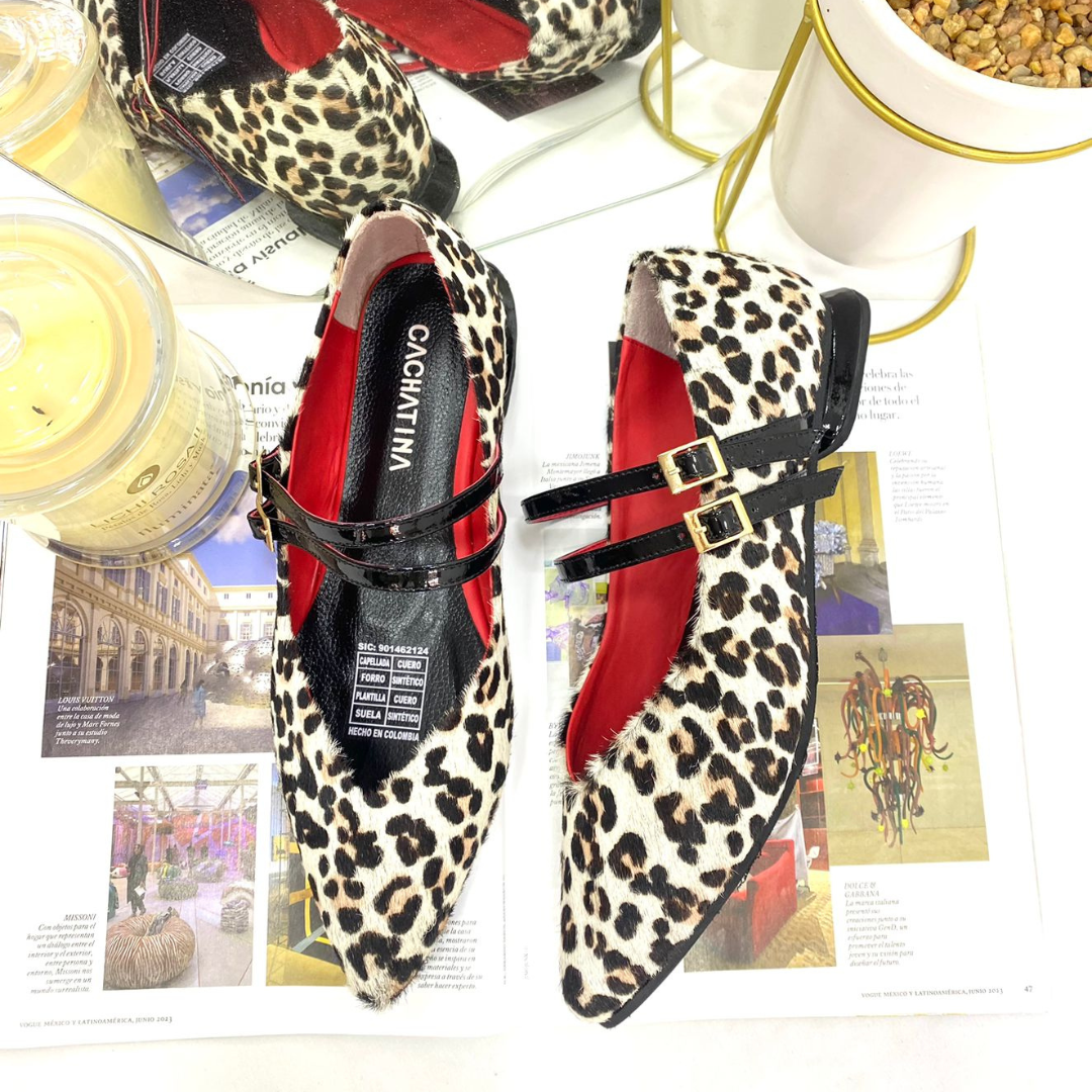 CALZADO CACHATINA - SANDALIA BALETA MUJER - MARIE - CUERO ANIMAL PRINT X ROJO/NEGRO
