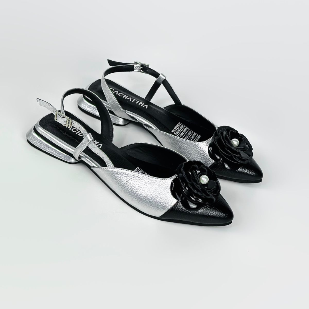 CALZADO CACHATINA - ZUECO MUJER - ELVA 2 - CUERO PLATEADO X NEGRO