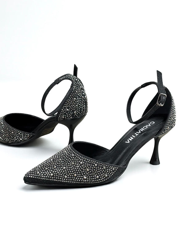 STILETTO PERGAR - CAPELLADA IMPORTADA NEGRA X PLATA - TACON 5.5 - ESTILETO MUJER - CALZADO CACHATINA