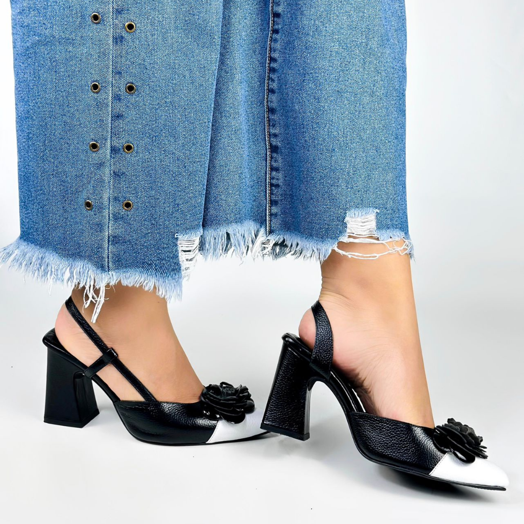 ESME - CALZADO CACHATINA - ESTILETO MUJER - CUERO NEGRO X CUERO BLANCO - TACON 7.5 (10 CM) 