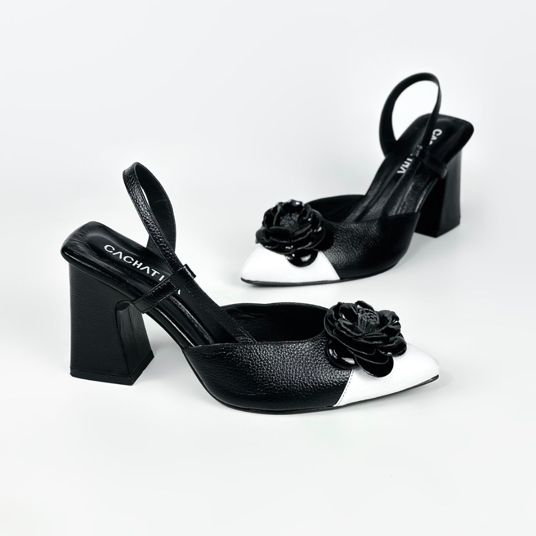 ESME - CALZADO CACHATINA - ESTILETO MUJER - CUERO NEGRO X CUERO BLANCO - TACON 7.5 (10 CM) 