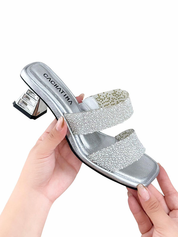 TACON DOBRI - ACETATO CON PERLAS X BAMBIE PLATEADO - TACON 5.5 - TACON MUJER - CALZADO CACHATINA