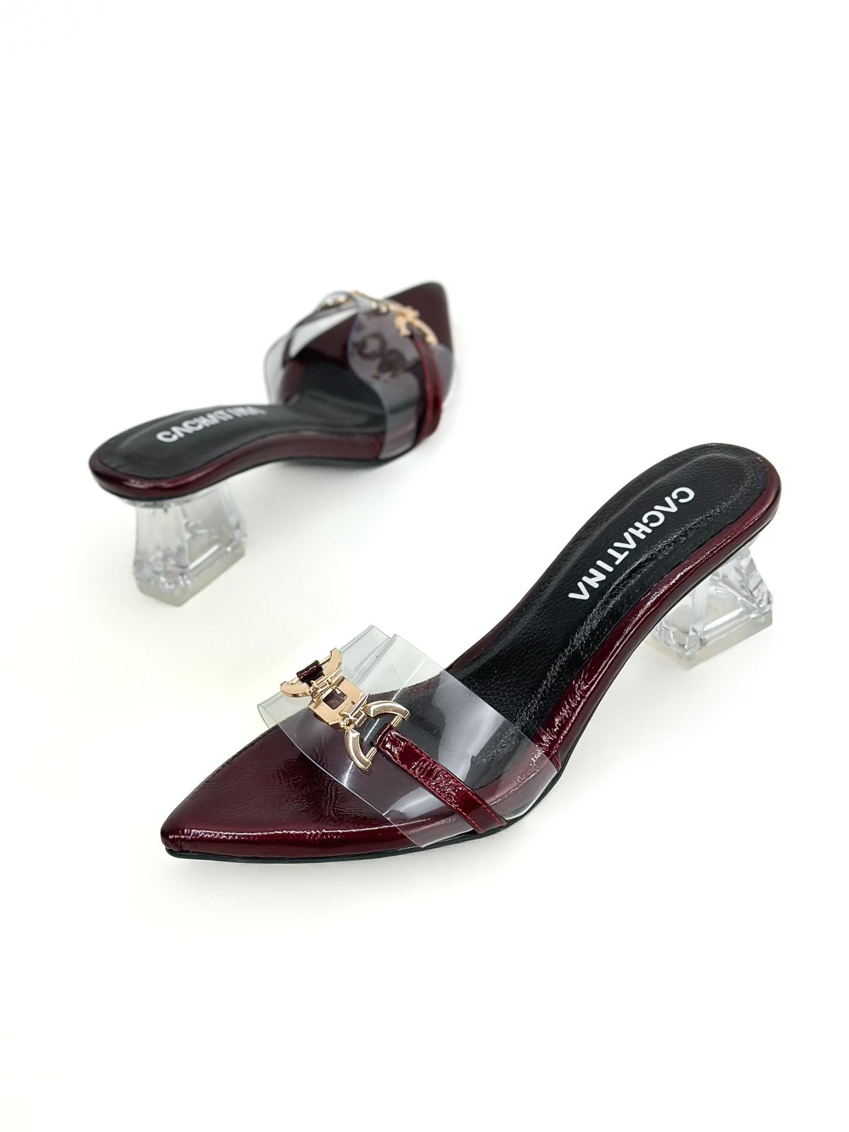TACON NINA - VINOTINTO MOJADO X ACETATO - TACON CRISTAL 3.5  - TACON MUJER - CALZADO CACHATINA