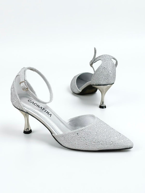 STILETTO KAIRO STORE - PERLAS PLATA FONDO PLATEADO - TACON 5.5 - ESTILETO MUJER - CALZADO CACHATINA