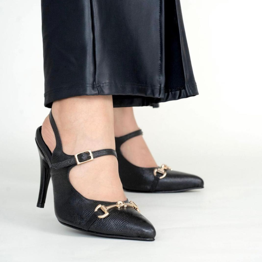 TATIANA - CALZADO CACHATINA - ESTILETO MUJER - CUERO DIAMANTE NEGRO - TACON 7.5 (10 CM)