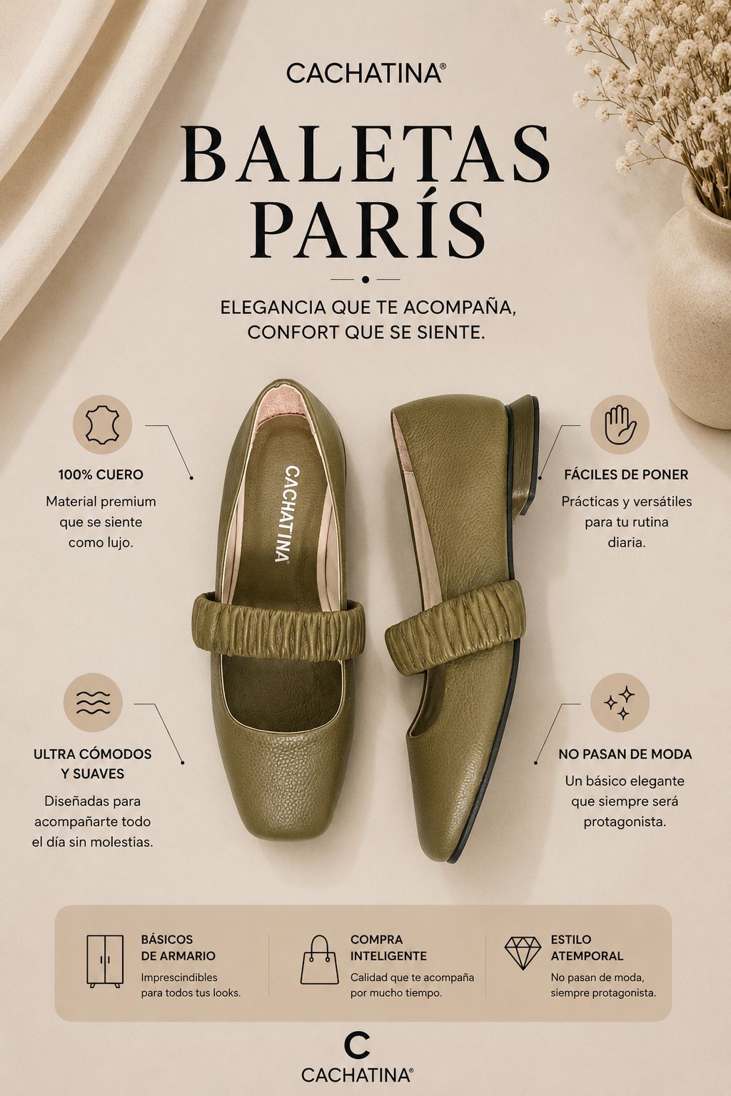 BALETA PARIS STORE - CUERO VERDE OLIVA - CALZADO CACHATINA