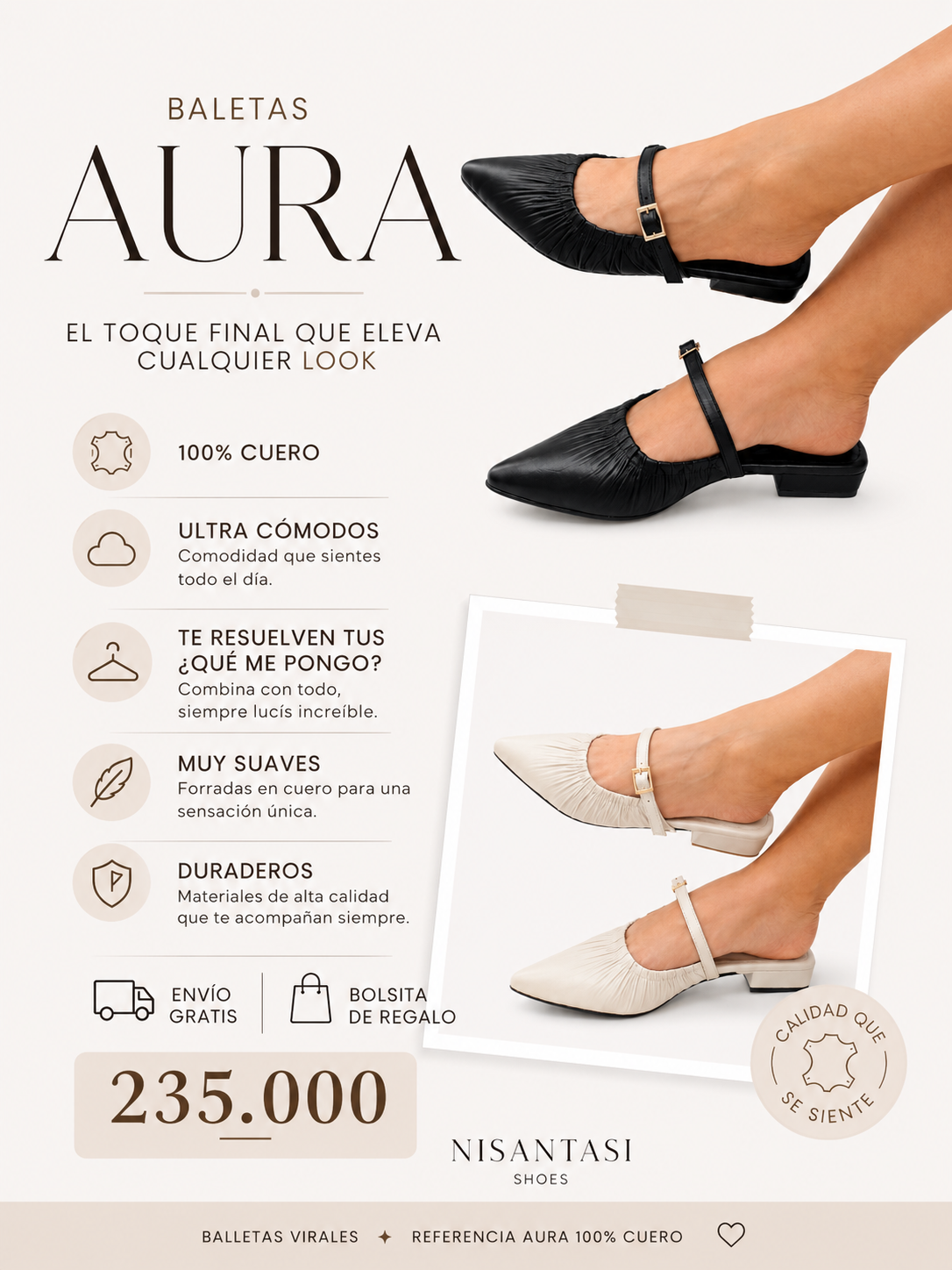 BALETA AURA - CONFECCION NEGRO Y TALCO - CALZADO CACHATINA