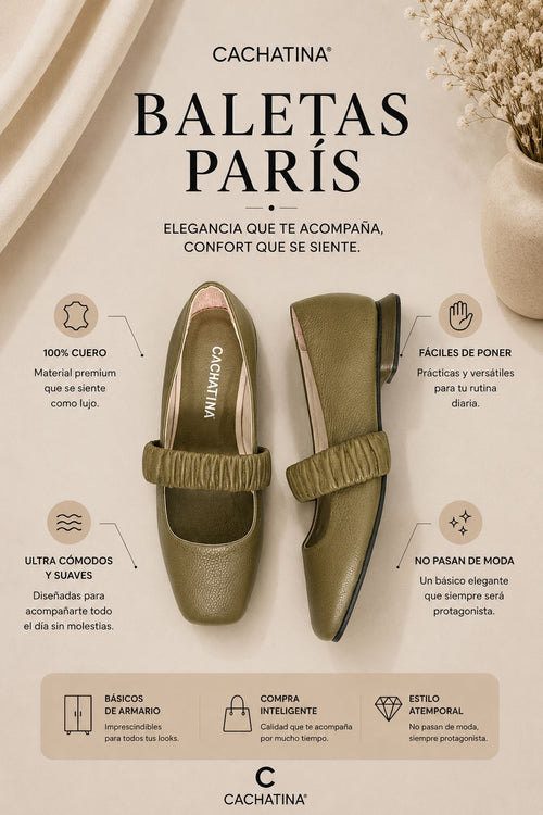 BALETA PARIS STORE - CUERO VERDE OLIVA - CALZADO CACHATINA