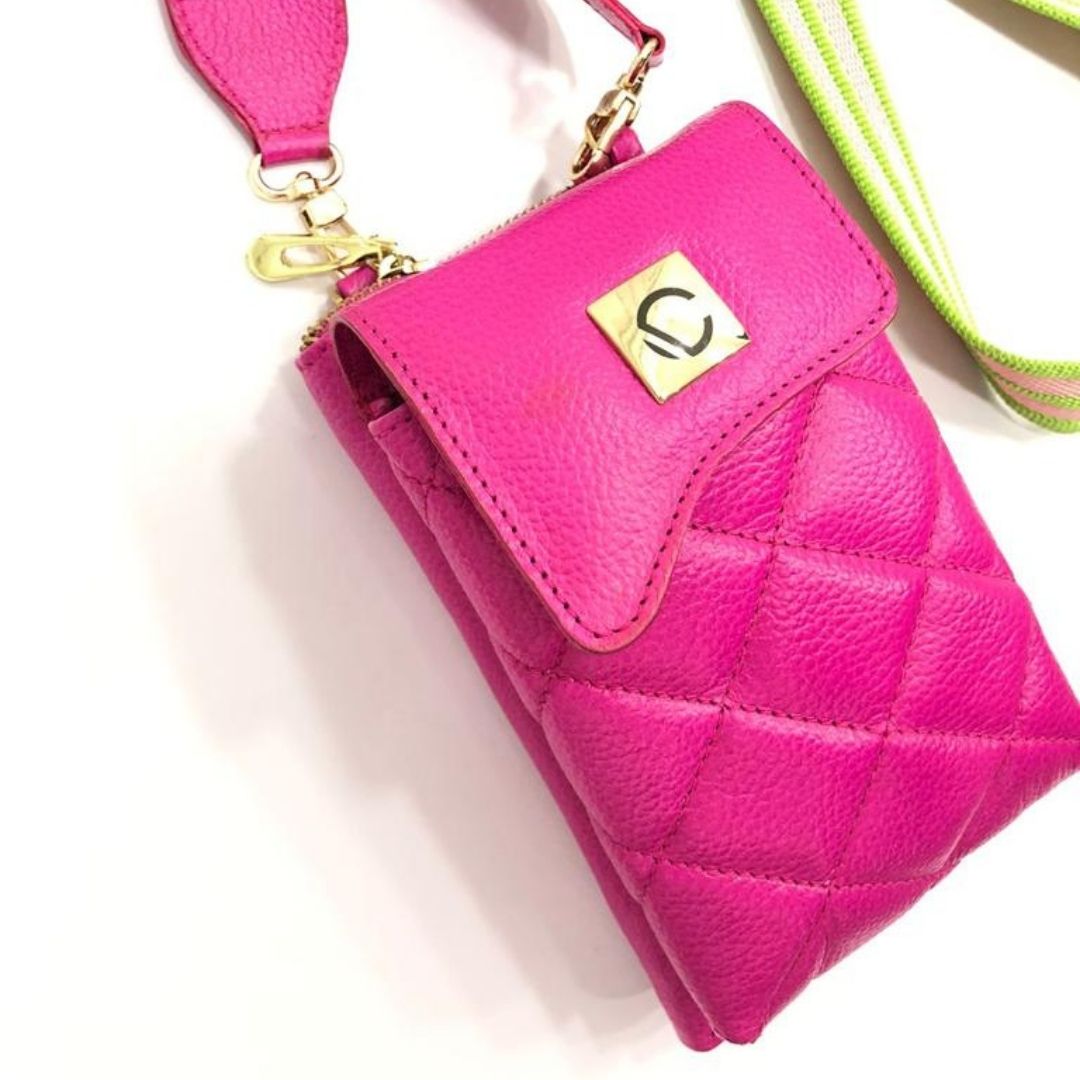 BOLSO CACHATINA - TRIXIE BAG - CUERO FUCSIA (RIATA VERDE X TAUPE)