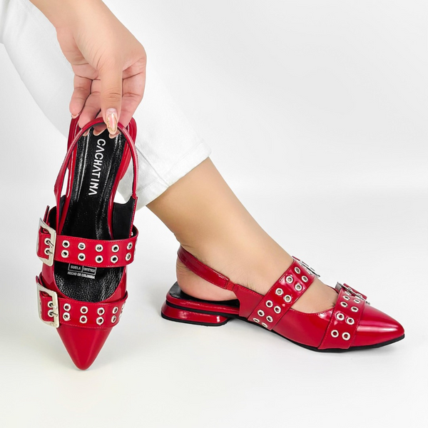 CALZADO CACHATINA - SANDALIA BALETA MUJER - YUNA - CUERO CHAROL ROJO