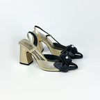 ESME - CALZADO CACHATINA - ESTILETO MUJER - CUERO BAMBIE ORO ITALIANO X CHAROL NEGRO - TACON 7.5 (10 CM) 
