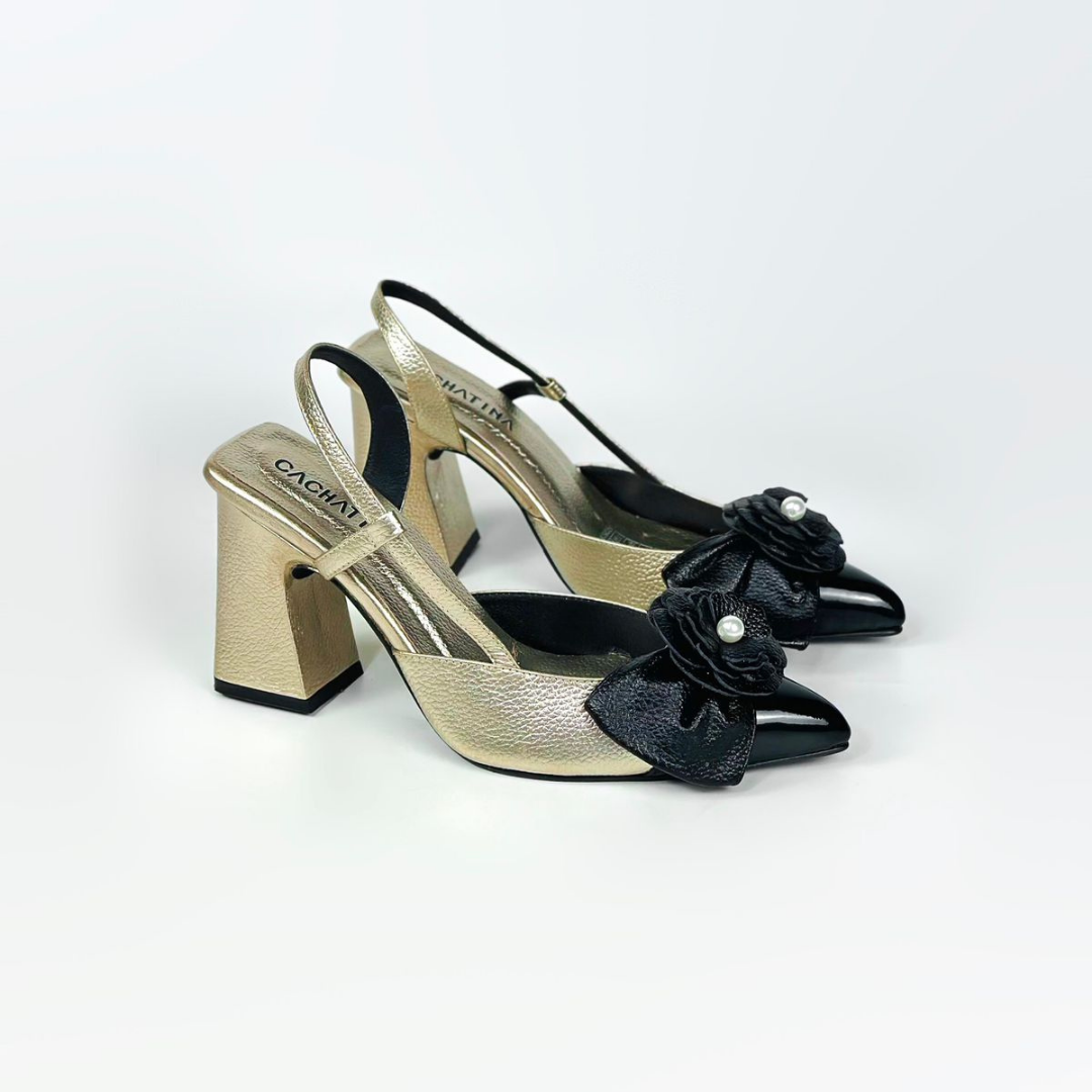 ESME - CALZADO CACHATINA - ESTILETO MUJER - CUERO BAMBIE ORO ITALIANO X CHAROL NEGRO - TACON 7.5 (10 CM) 
