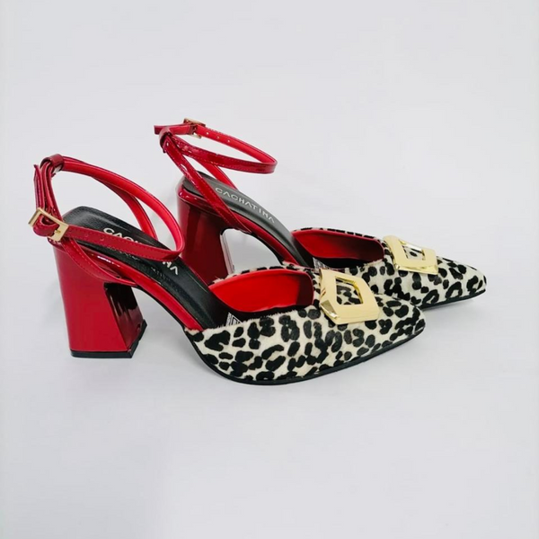 DOREEN - CALZADO CACHATINA - ESTILETO MUJER - CUERO ANIMAL PRINT X CHAROL ROJO/NEGRO - TACON 5.5 (7 CM)