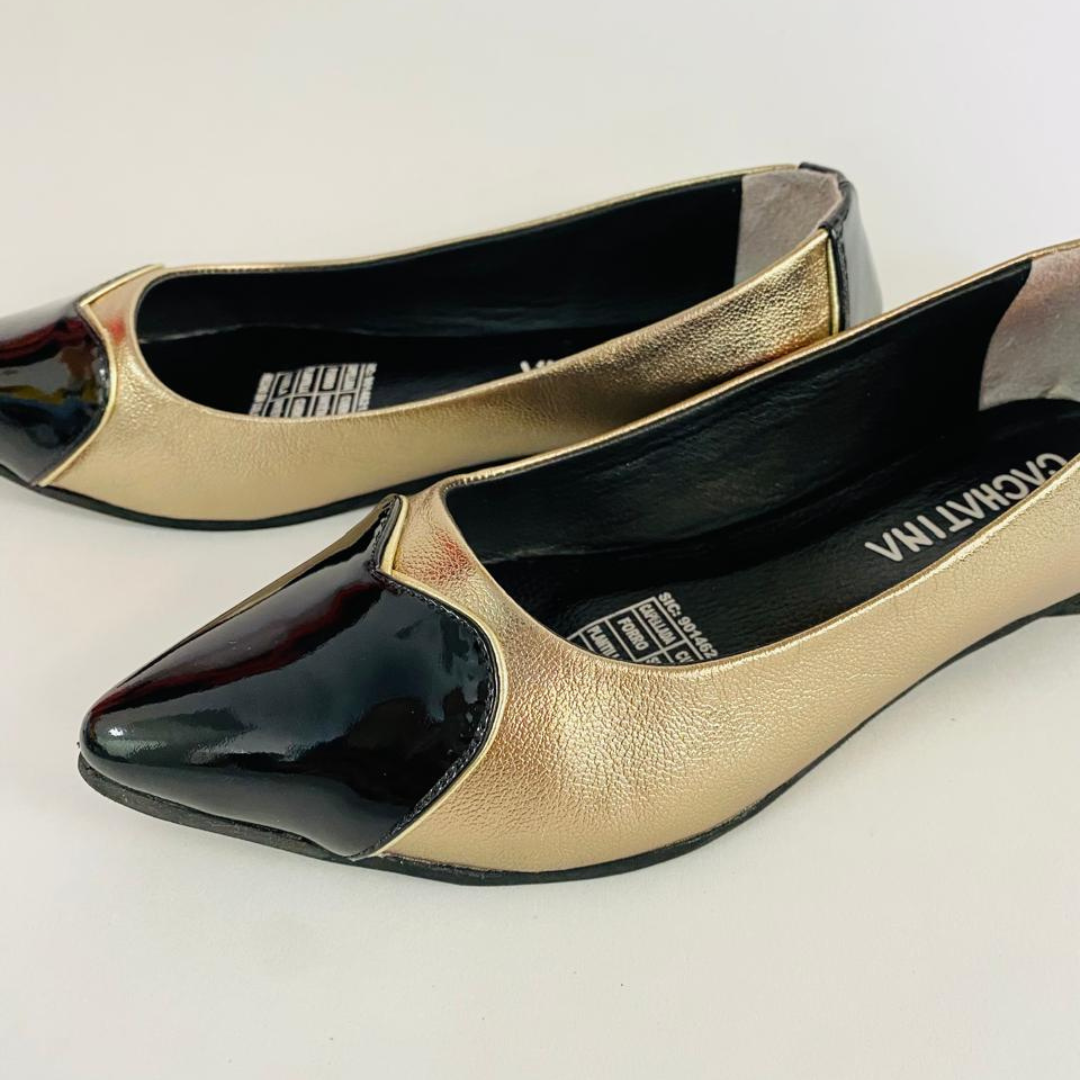 CALZADO CACHATINA - SANDALIA BALETA MUJER - ABBA - CUERO LUNA LISO X CHAROL NEGRO