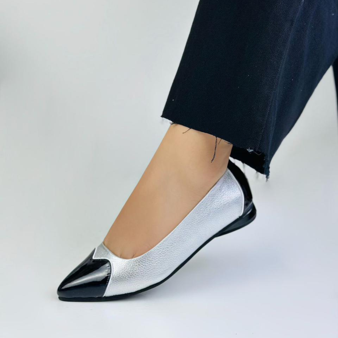CALZADO CACHATINA - SANDALIA BALETA MUJER - ABBA - CUERO CHAROL NEGRO X PLATEADO