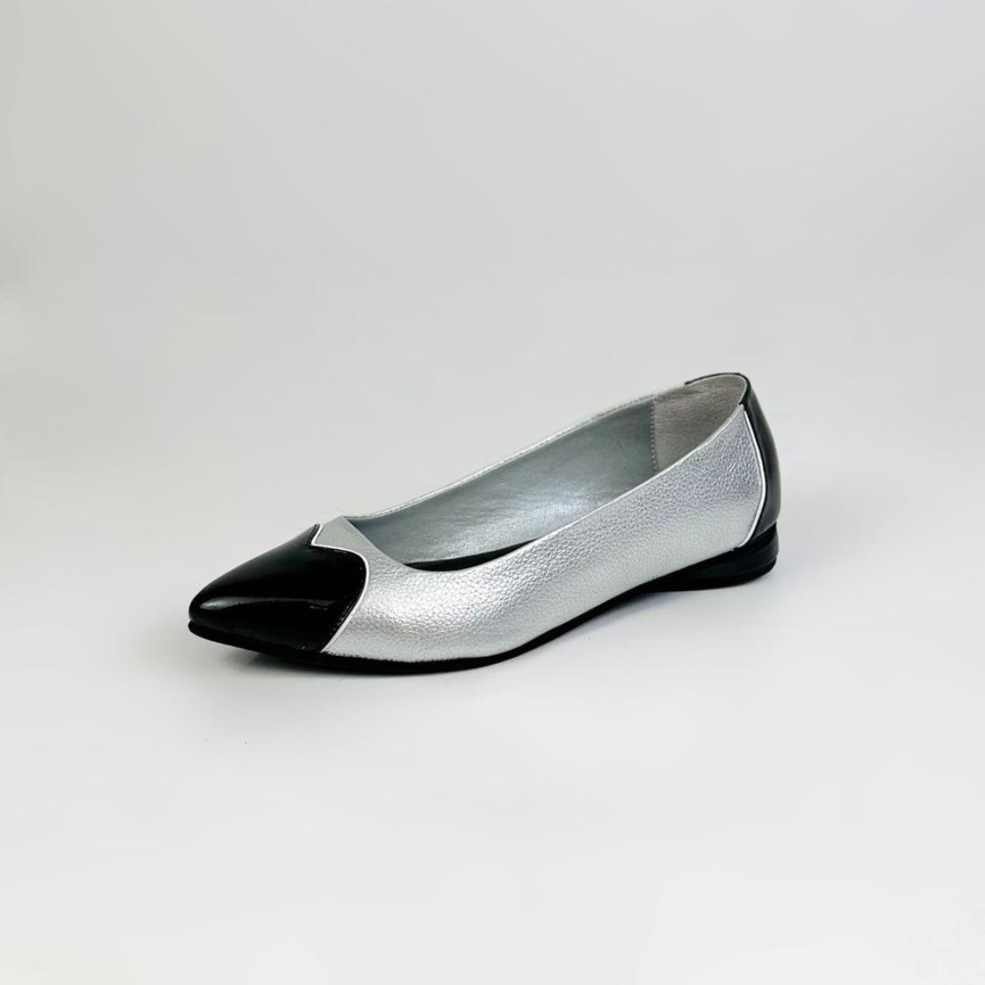 CALZADO CACHATINA - SANDALIA BALETA MUJER - ABBA - CUERO CHAROL NEGRO X PLATEADO