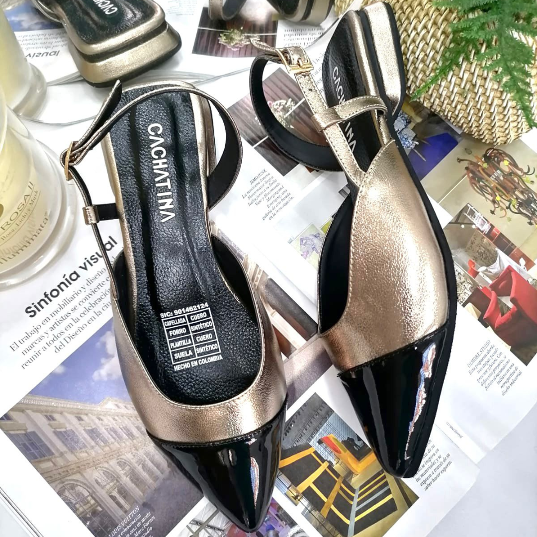 CALZADO CACHATINA - ZUECO MUJER - EMMA - CUERO LUNA LISO X CHAROL NEGRO