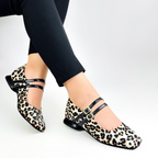 CALZADO CACHATINA - SANDALIA BALETA MUJER - EUGENIA - CUERO ANIMAL PRINT X ROJO/NEGRO
