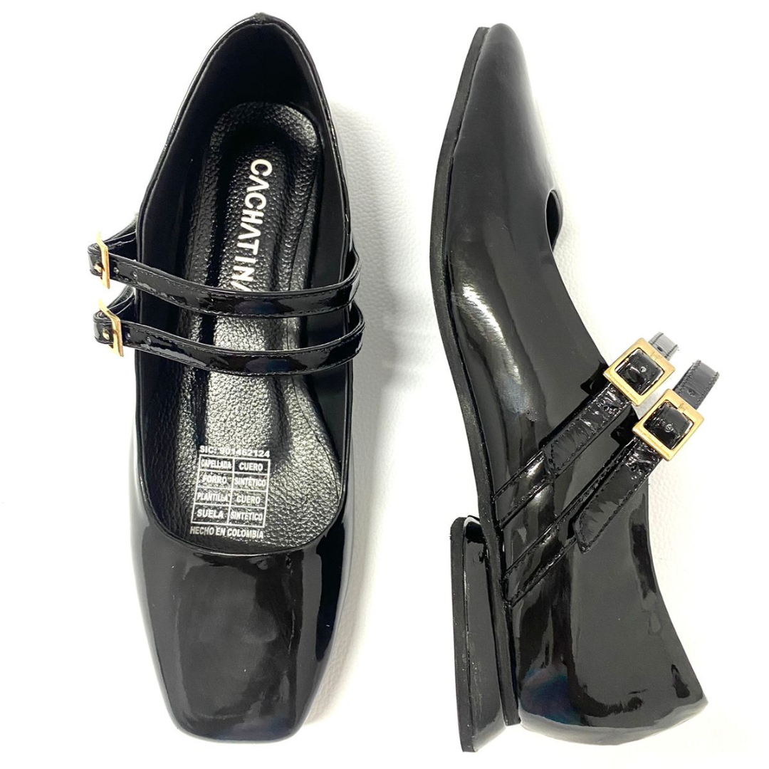 CALZADO CACHATINA - SANDALIA BALETA MUJER - EUGENIA - CUERO CHAROL NEGRO