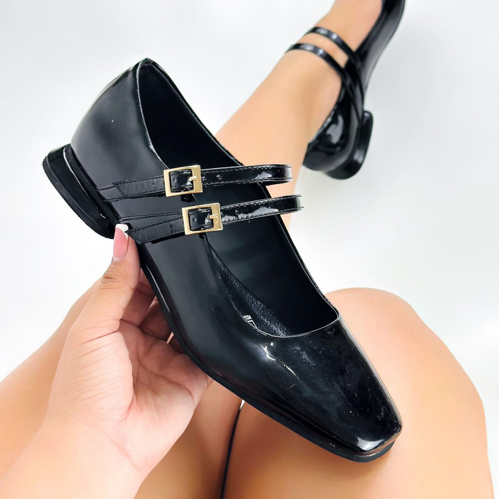 CALZADO CACHATINA SANDALIA BALETA MUJER EUGENIA CUERO CHAROL NEGRO