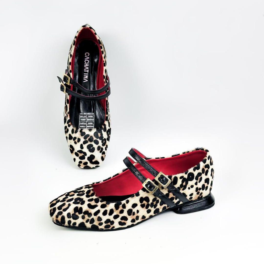 CALZADO CACHATINA - SANDALIA BALETA MUJER - EUGENIA - CUERO ANIMAL PRINT X ROJO/NEGRO