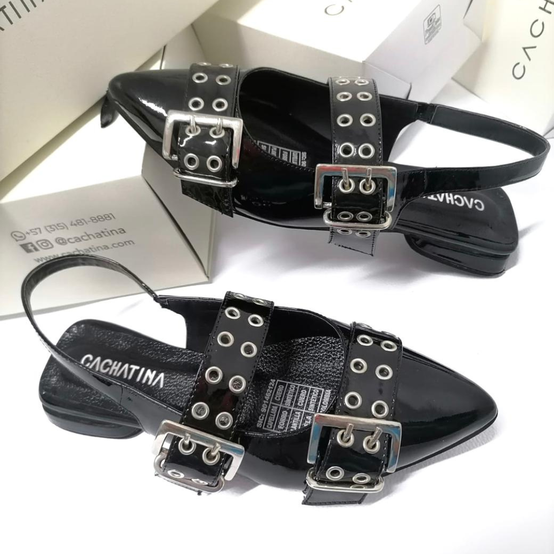CALZADO CACHATINA - SANDALIA BALETA MUJER - YUNA - CUERO CHAROL NEGRO
