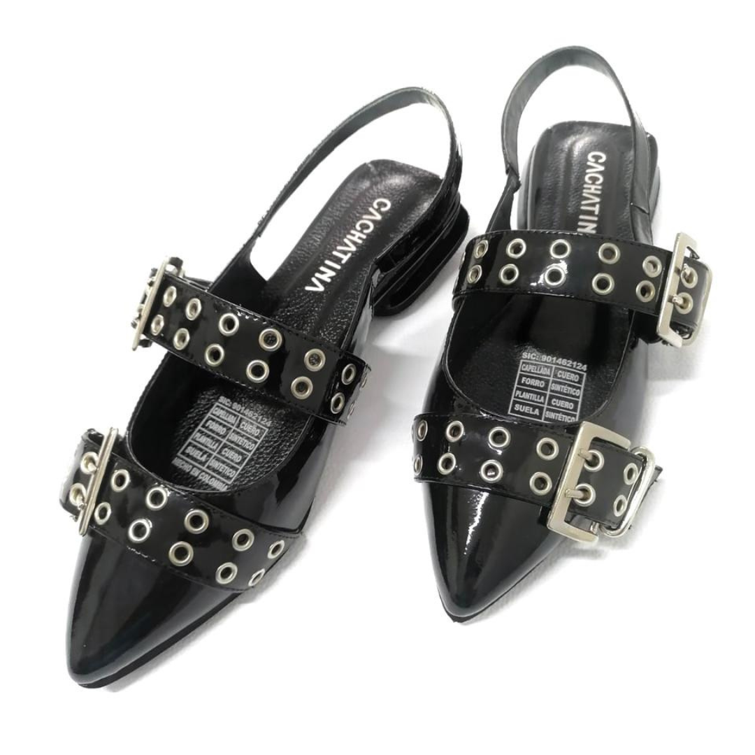 CALZADO CACHATINA - SANDALIA BALETA MUJER - YUNA - CUERO CHAROL NEGRO