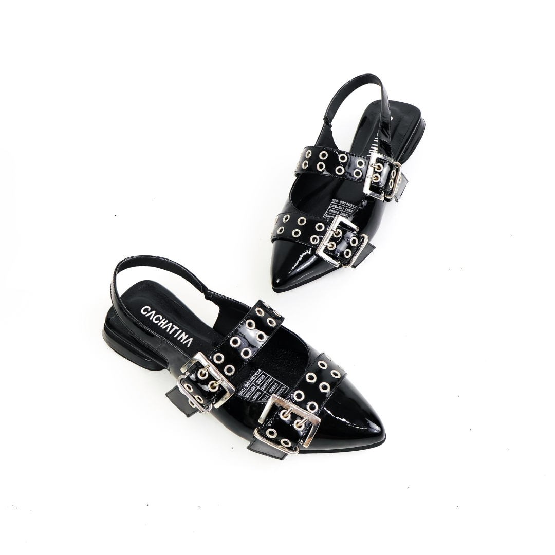 CALZADO CACHATINA - SANDALIA BALETA MUJER - YUNA - CUERO CHAROL NEGRO