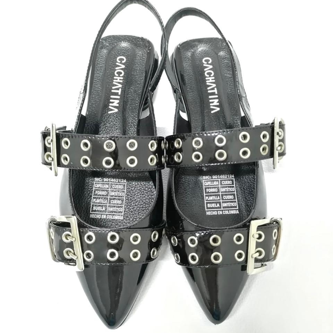 CALZADO CACHATINA - SANDALIA BALETA MUJER - YUNA - CUERO CHAROL NEGRO