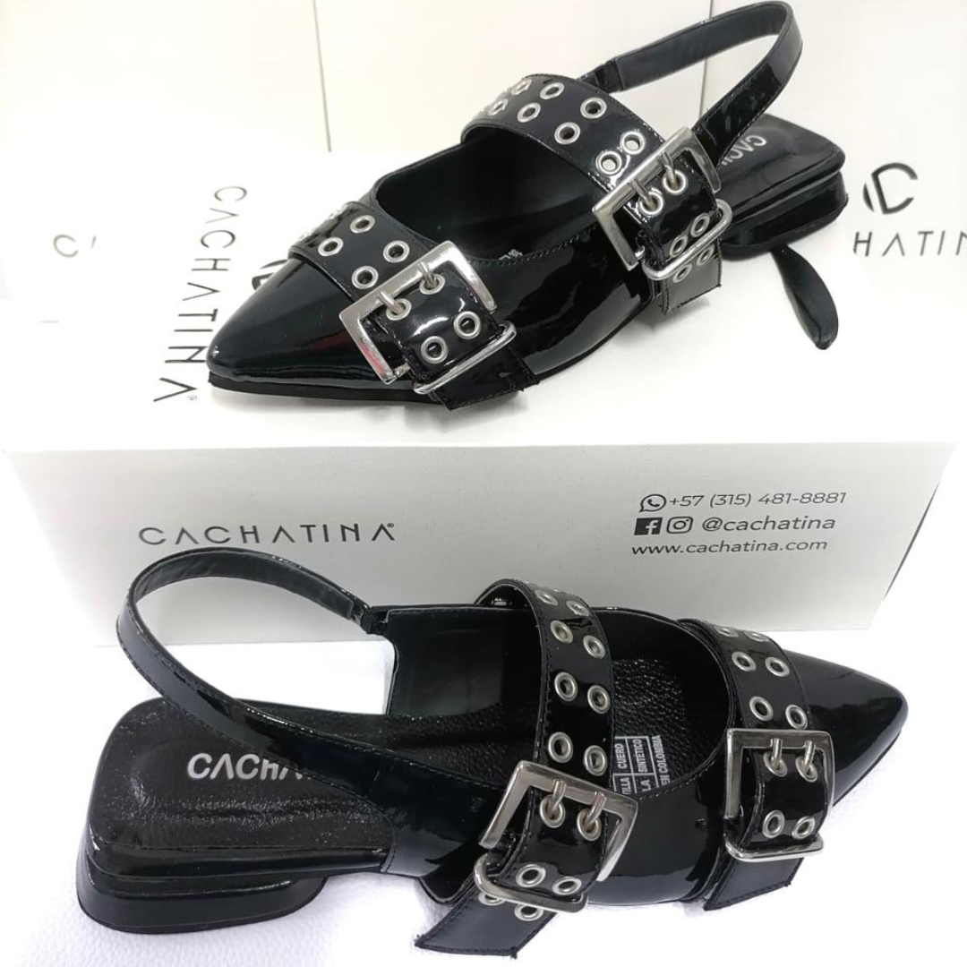 CALZADO CACHATINA - SANDALIA BALETA MUJER - YUNA - CUERO CHAROL NEGRO