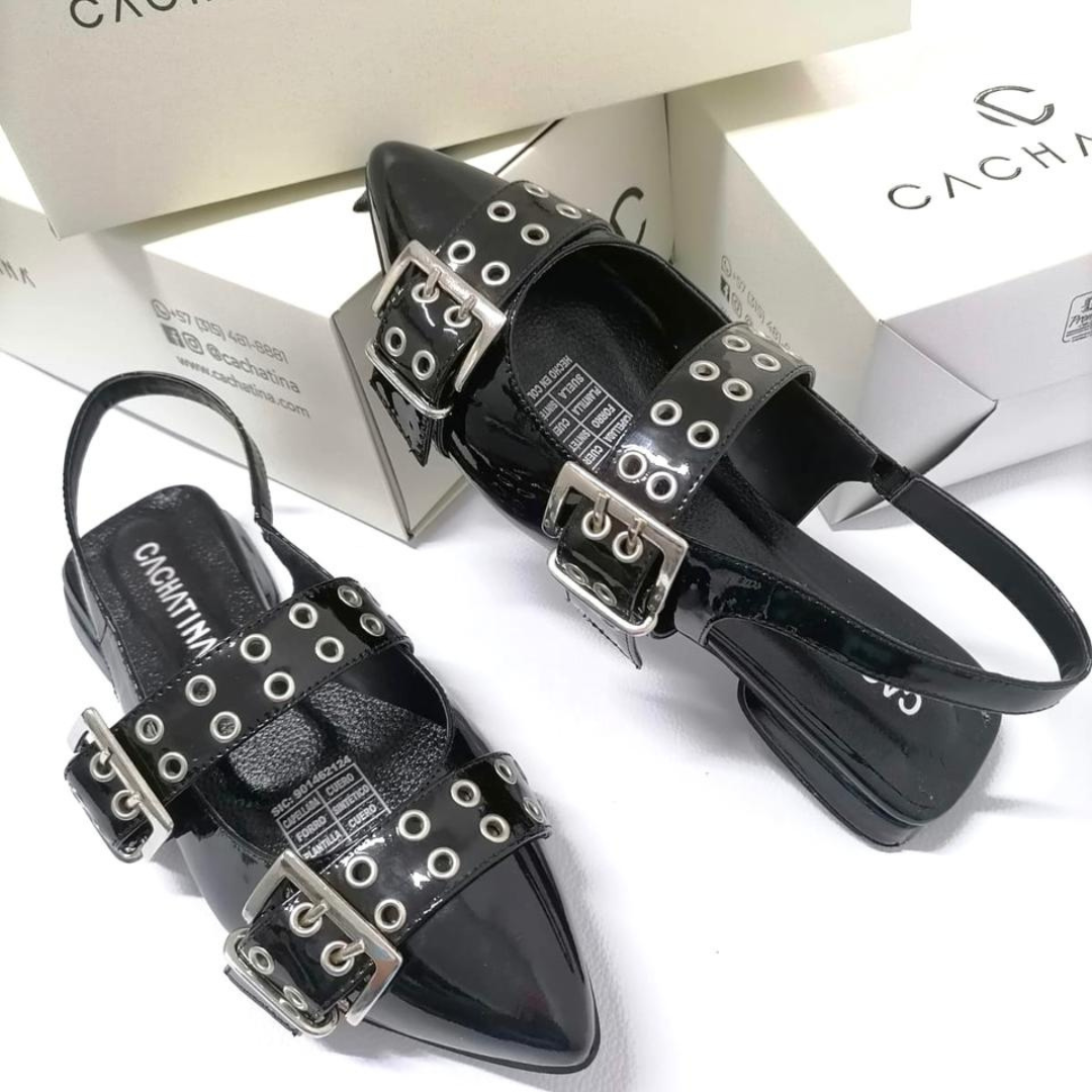 CALZADO CACHATINA - SANDALIA BALETA MUJER - YUNA - CUERO CHAROL NEGRO