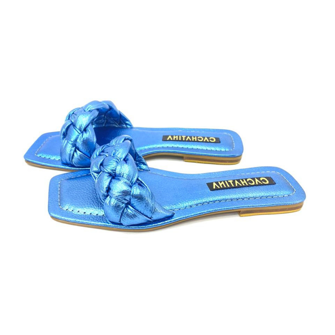 SANDALIA PLANA - ARYA - CUERO AZUL METALIZADO - CALZADO CACHATINA