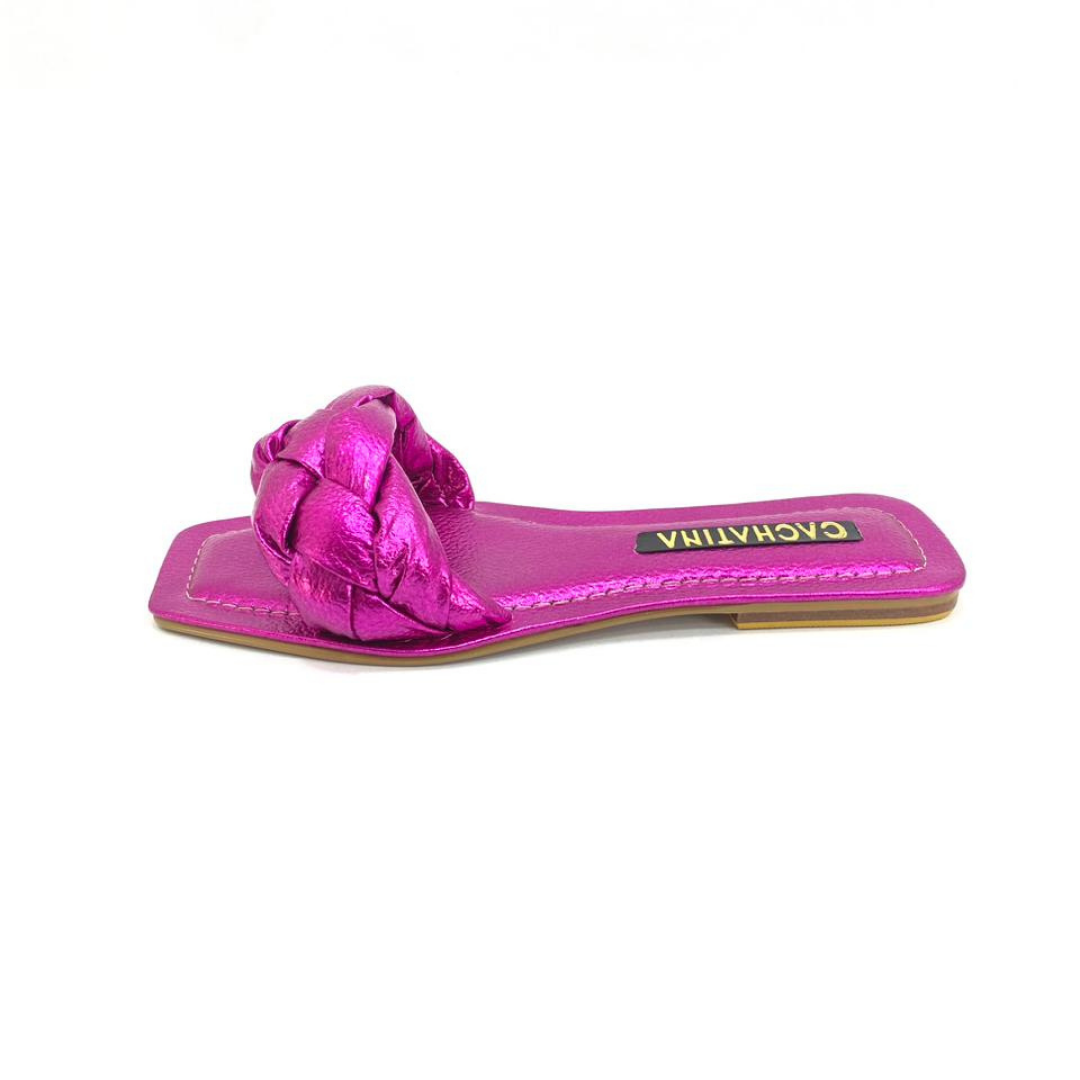 SANDALIA PLANA - ARYA - CUERO FUCSIA METALIZADO - CALZADO CACHATINA