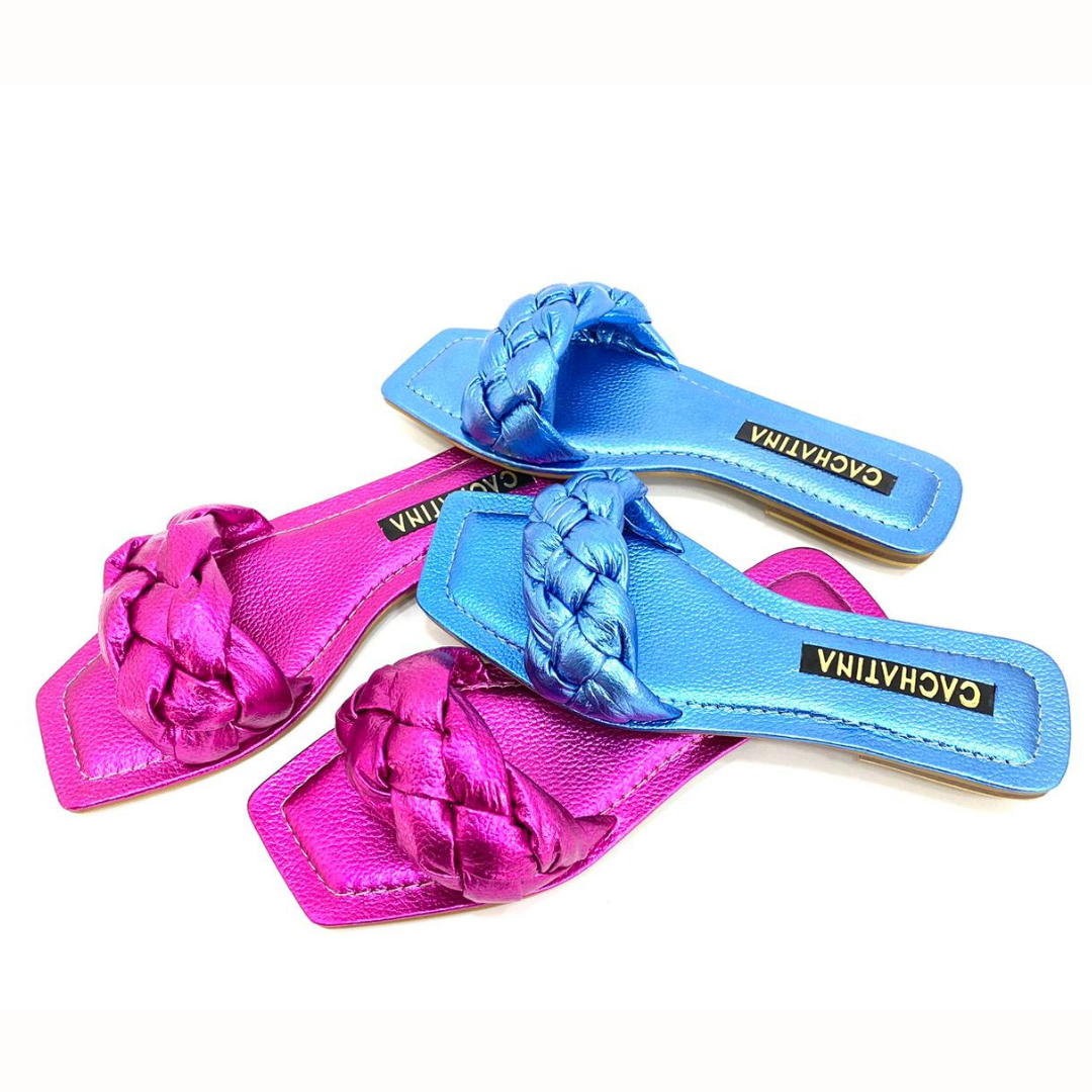 SANDALIA PLANA - ARYA - CUERO FUCSIA METALIZADO - CALZADO CACHATINA