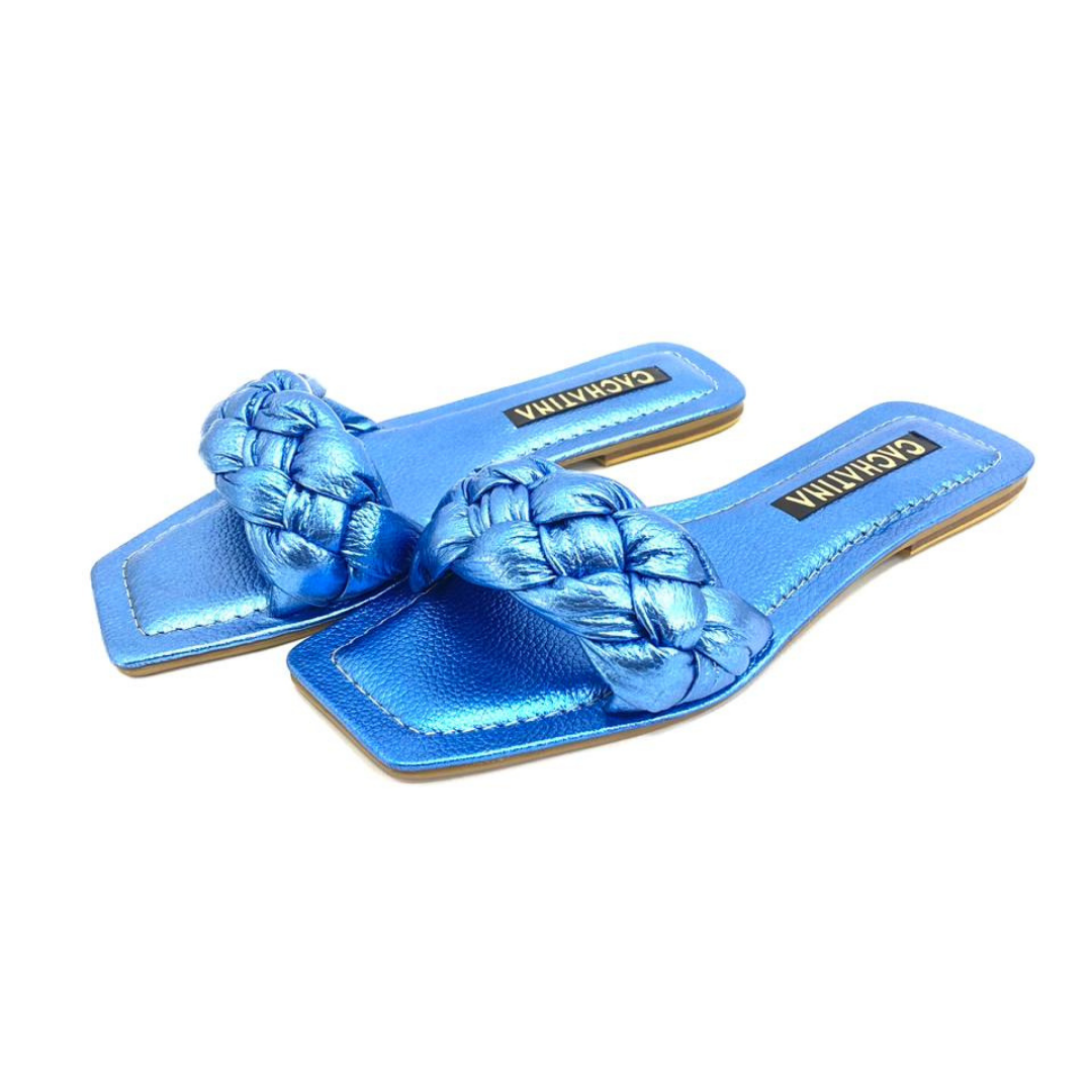 SANDALIA PLANA - ARYA - CUERO AZUL METALIZADO - CALZADO CACHATINA