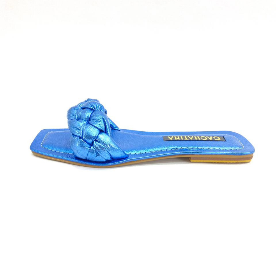 SANDALIA PLANA - ARYA - CUERO AZUL METALIZADO - CALZADO CACHATINA