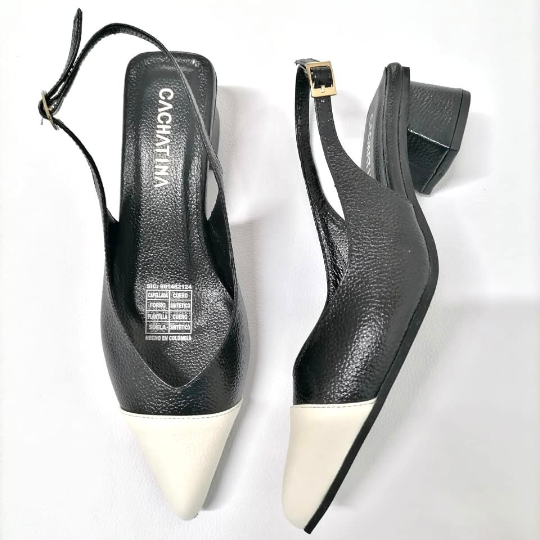 ALARY - CALZADO CACHATINA - ESTILETO MUJER - CUERO NEGRO X BLANCO - TACON 3.5 (5.5 CM)