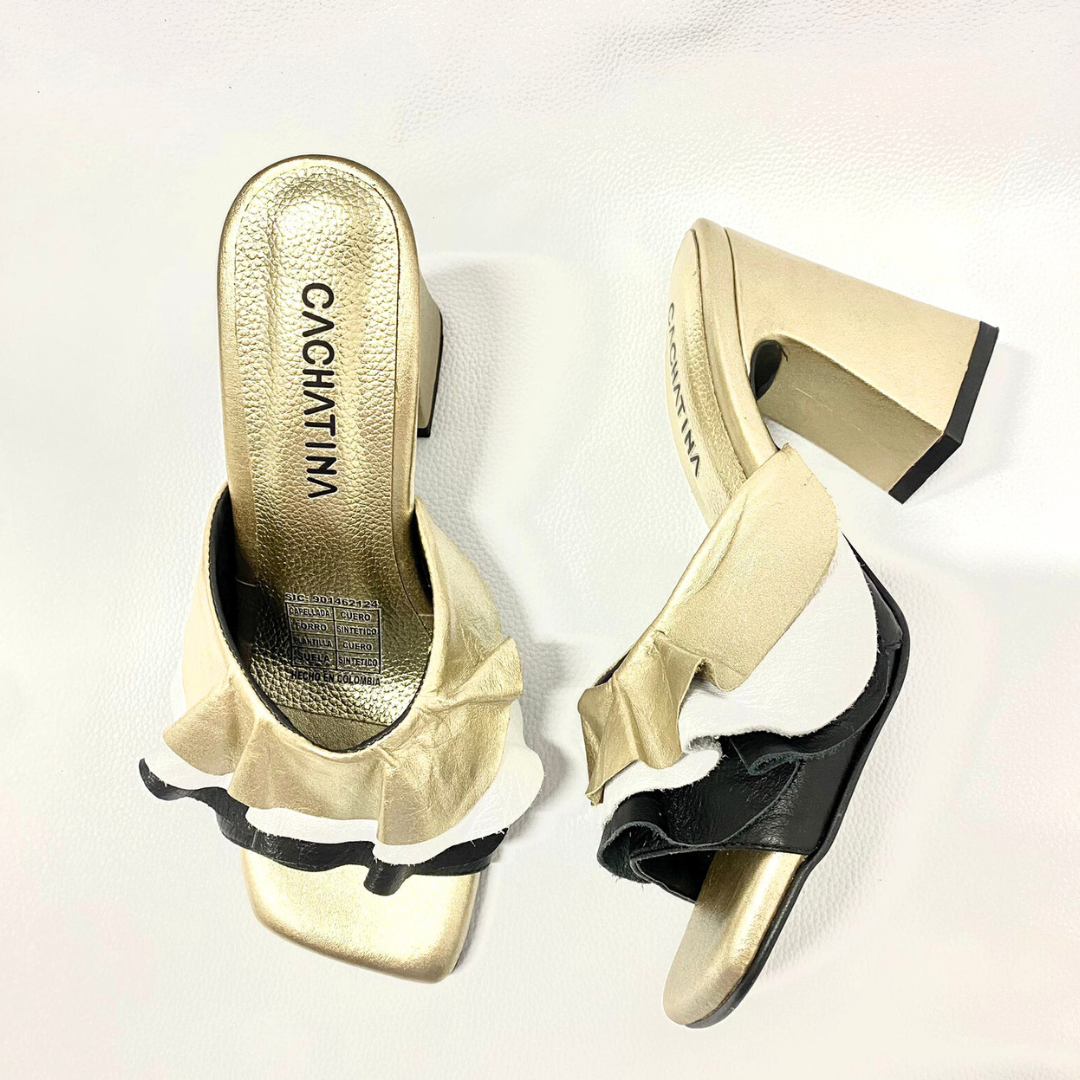 CALZADO CACHATINA - TACON MUJER - AYAZ - CUERO PRIMAVERA DORADO X BLANCO/NEGRO - ALTURA 7.5 (9.5 CM)