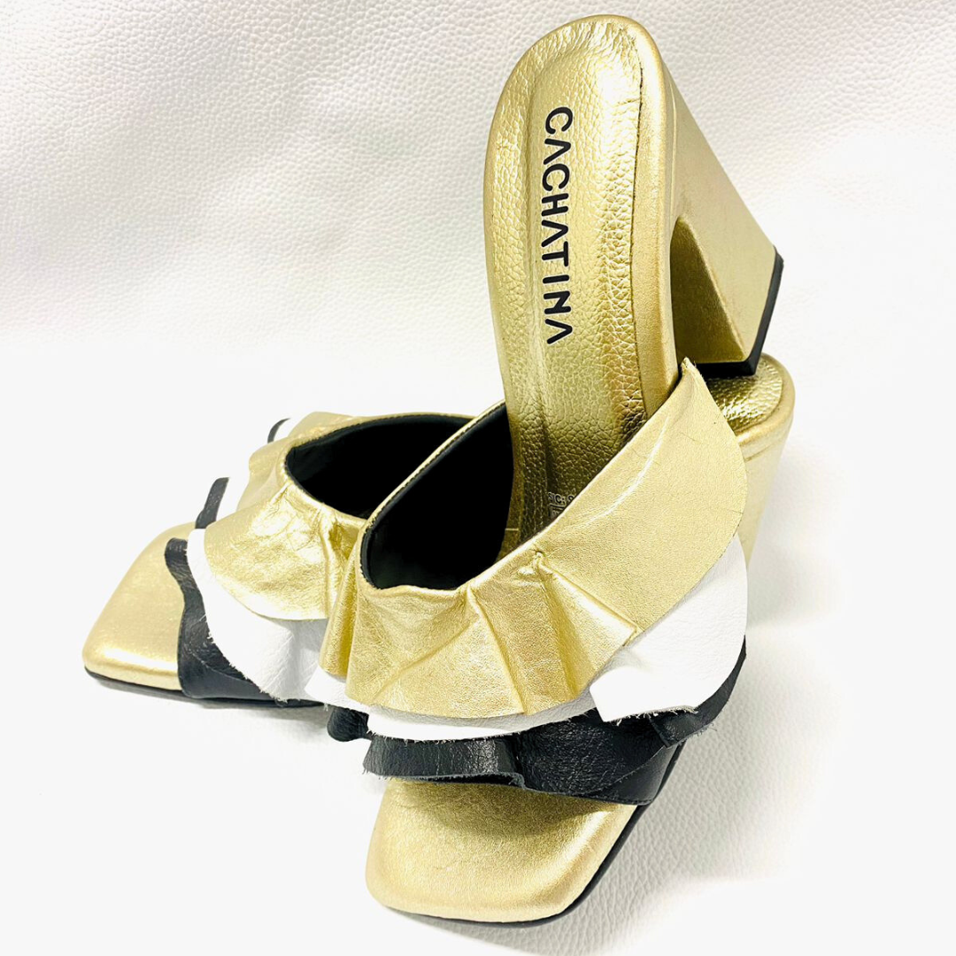 CALZADO CACHATINA - TACON MUJER - AYAZ - CUERO PRIMAVERA DORADO X BLANCO/NEGRO - ALTURA 7.5 (9.5 CM)