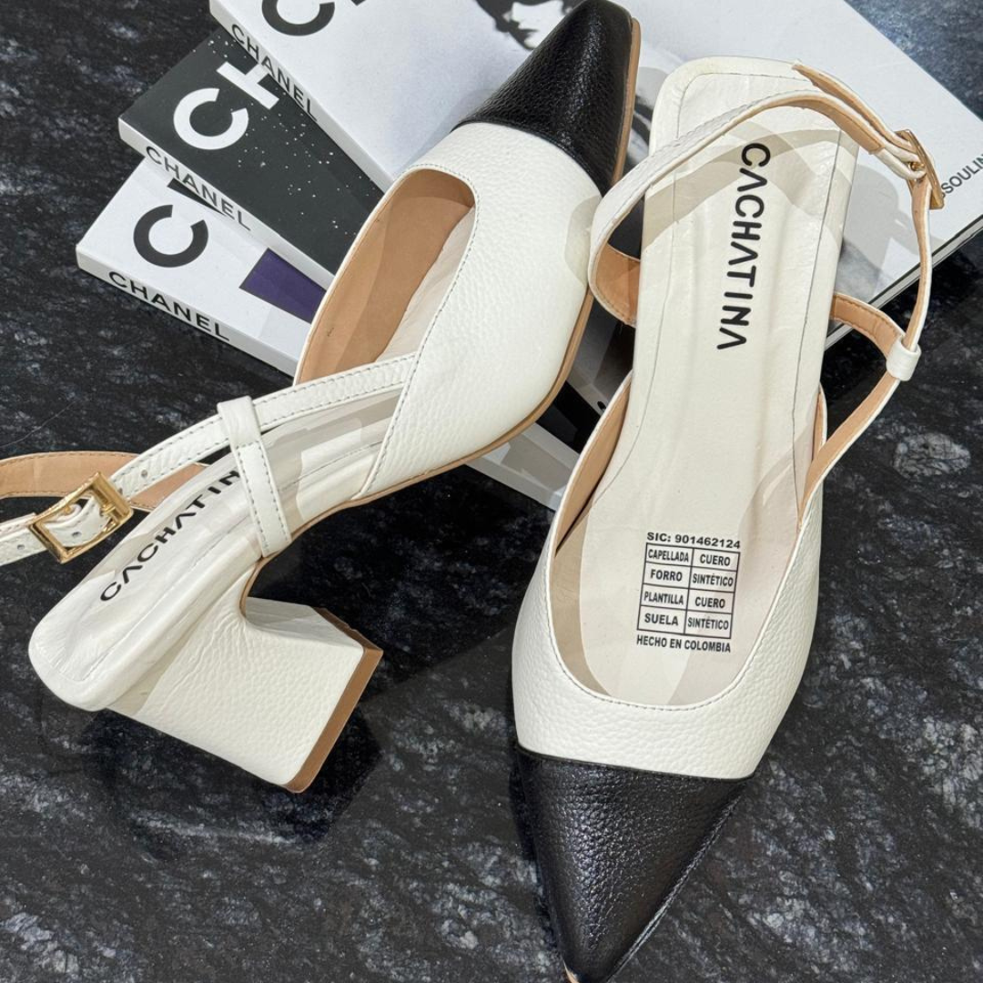 CLERI - CALZADO CACHATINA - ESTILETO MUJER - CUERO TALCO X NEGRO - TACON 5.5 (7.5 CM)