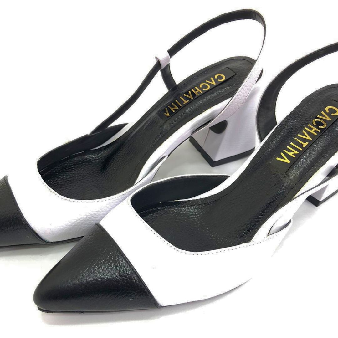 CLERI - CALZADO CACHATINA - ESTILETO MUJER - CUERO BLANCO X NEGRO - TACON 5.5 (7.5 CM)