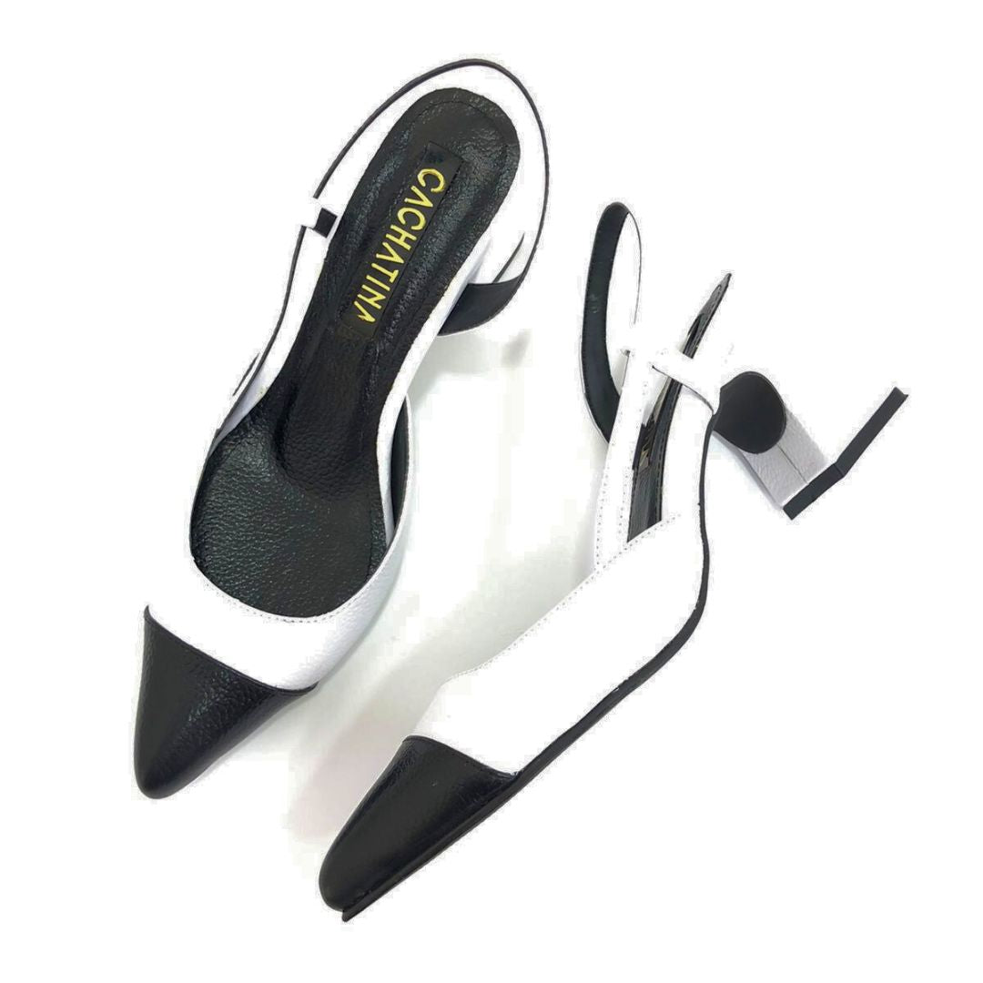 CLERI - CALZADO CACHATINA - ESTILETO MUJER - CUERO BLANCO X NEGRO - TACON 5.5 (7.5 CM)