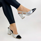 CLERINIA - CALZADO CACHATINA - ESTILETO MUJER - CUERO PLATEADO X NEGRO - TACON 7.5 (10 CM)