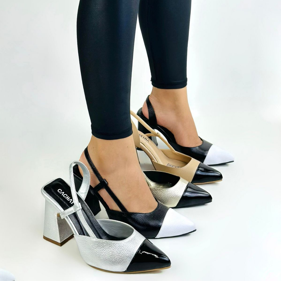 CLERINIA - CALZADO CACHATINA - ESTILETO MUJER - CUERO FRAPE X CHAROL NEGRO - TACON 7.5 (10 CM)