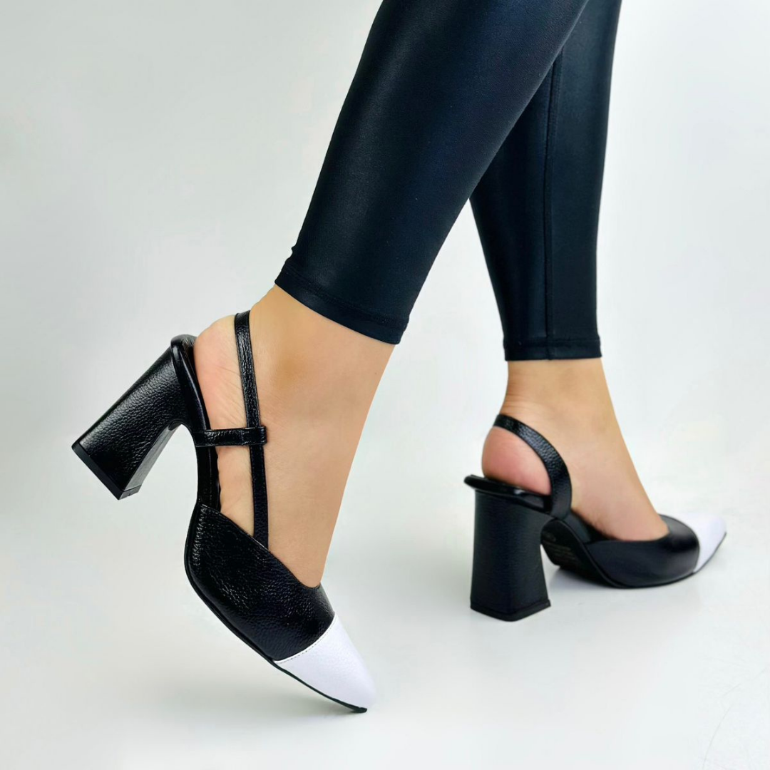 CLERINIA - CALZADO CACHATINA - ESTILETO MUJER - CUERO NEGRO X BLANCO - TACON 7.5 (10 CM)