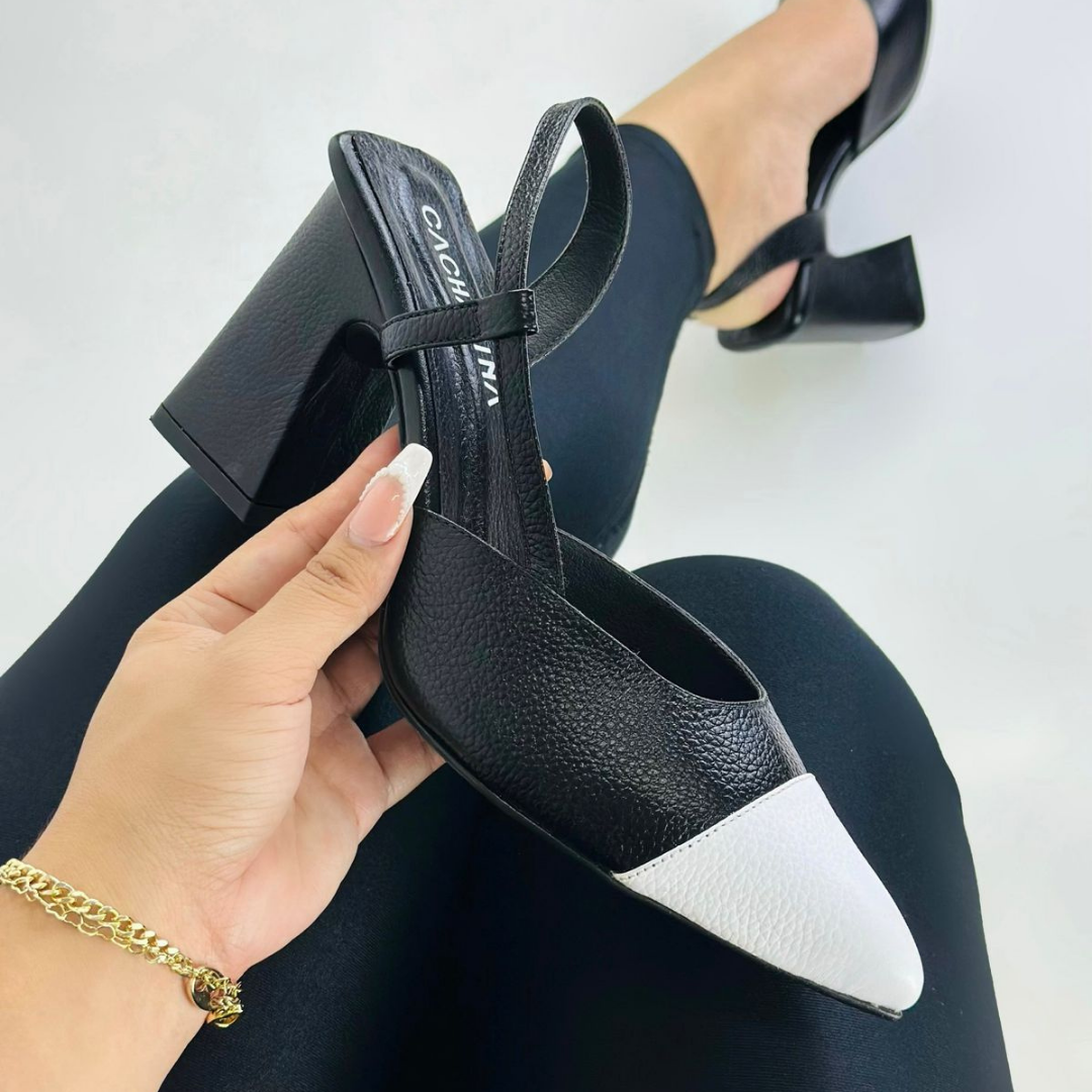 CLERINIA - CALZADO CACHATINA - ESTILETO MUJER - CUERO NEGRO X BLANCO - TACON 7.5 (10 CM)
