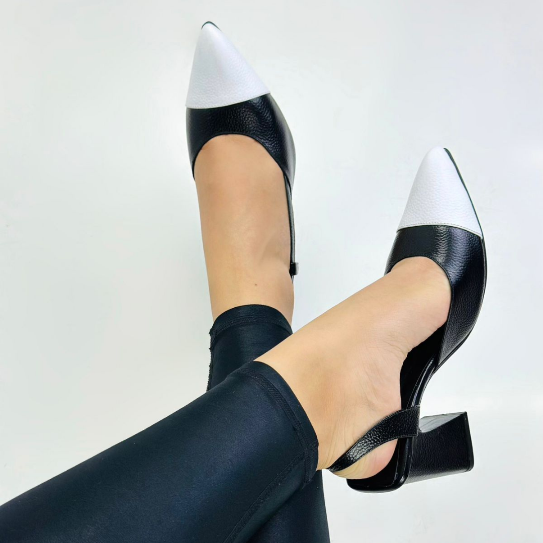 CLERINIA - CALZADO CACHATINA - ESTILETO MUJER - CUERO NEGRO X BLANCO - TACON 7.5 (10 CM)