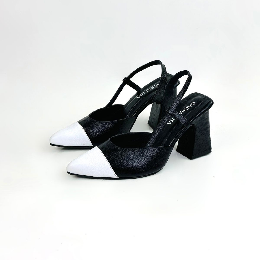 CLERINIA - CALZADO CACHATINA - ESTILETO MUJER - CUERO NEGRO X BLANCO - TACON 7.5 (10 CM)
